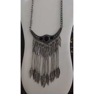 Unique Silver & Black Crystal Necklace with Leaf Design Dangles